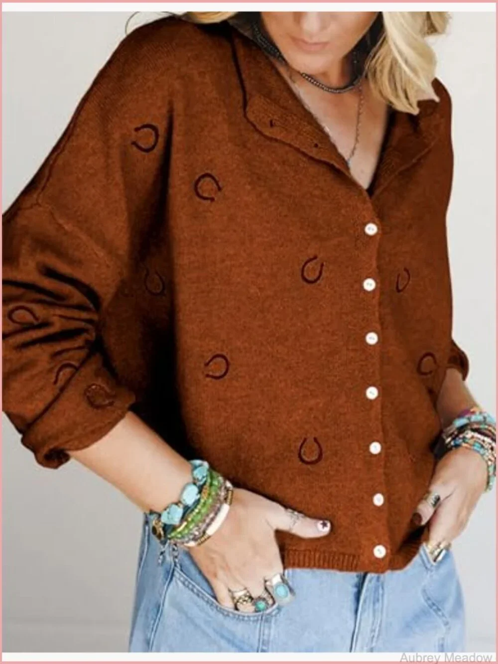 Women's Casual Long Sleeve Cardigan Full Button Closure Horseshoe Embroidery